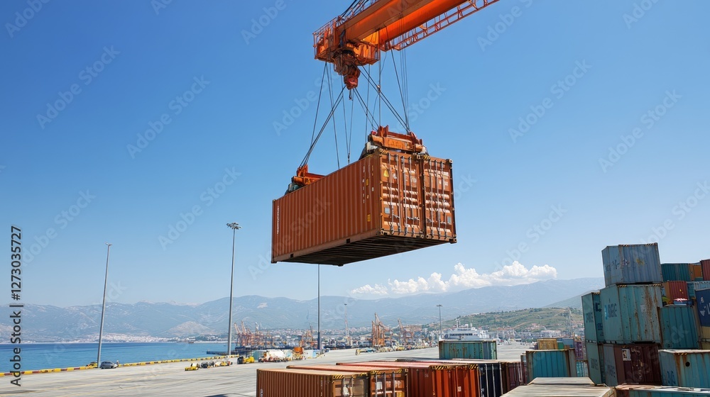 Poster a large crane lifting a cargo container at vlore seaport in albania, highlighting the bustling port 