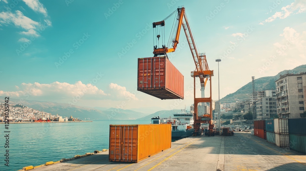 Poster a large crane lifting a cargo container at vlore seaport in albania, highlighting the bustling port 
