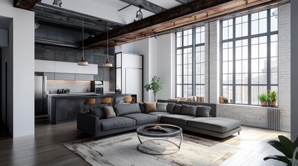 Modern loft apartment living room kitchen interior design (1)