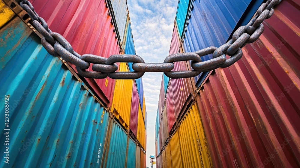 Poster A large metal chain obstructing access between colorful cargo containers, representing the effects of trade wars and sanctions on global trade and logistics.