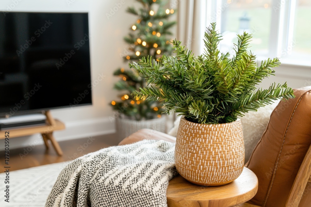 Aufkleber cozy interior scene featuring a potted plant and a small christmas tree creating a warm and inviting
