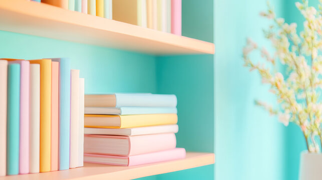 Pastel colored books on wooden shelves with floral decor in a cozy and bright reading nook