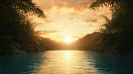 Tropical sunset silhouette by a tranquil lagoon serene waters lush environment vibrant viewpoint nature's beauty