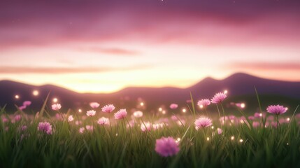 Fototapeta premium Twilight wildflower field serene landscape nature scene pastel horizon tranquil viewpoint enchanting beauty for relaxation