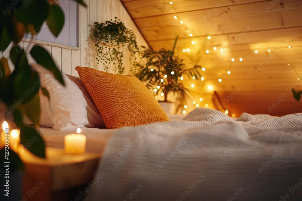 Aufkleber cozy bedroom interior with warm lighting and natural elements creating a relaxing and inviting atmos
