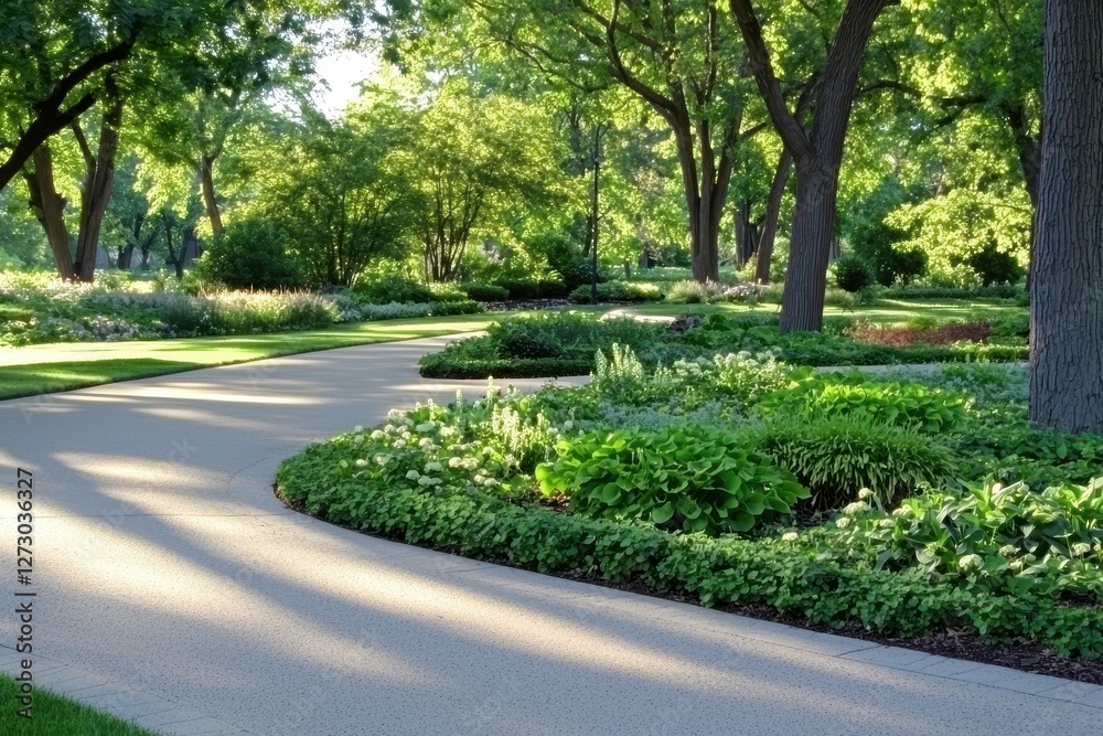Poster Serene garden pathway with lush greenery and sunlight casting shadows creating a tranquil and peaceful atmosphere in a beautiful park setting