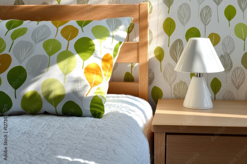 Aufkleber serene bedroom scene with leaf patterned pillow lamp and wallpaper creating a cozy and inviting atmo