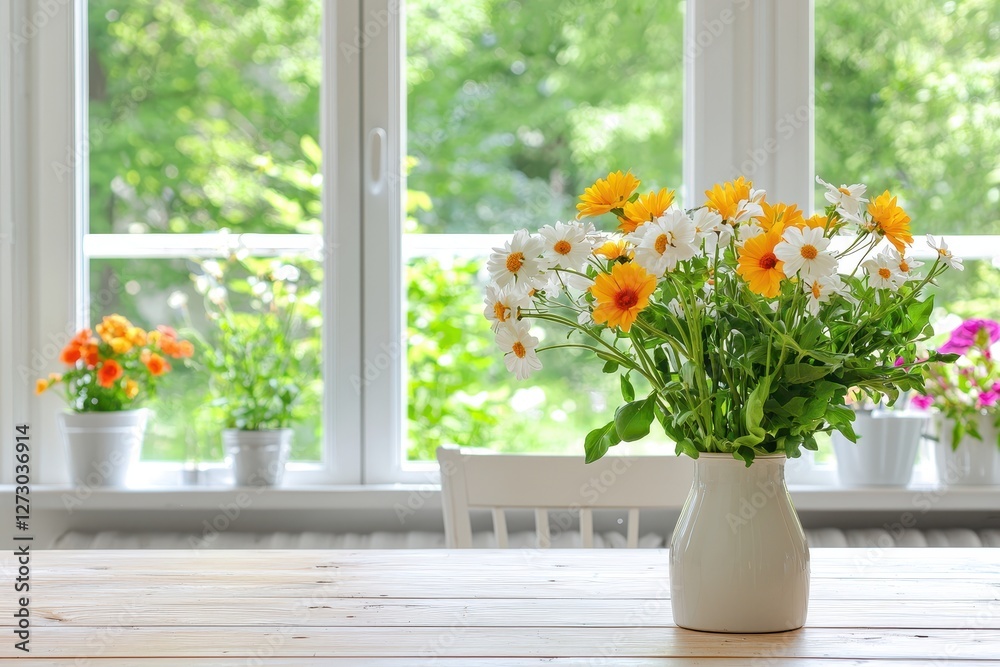 Aufkleber Charming bouquet of daisies and calendula in a white vase on a wooden table with a bright window background creating a serene and inviting atmosphere