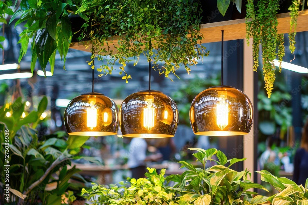 Aufkleber Elegant Interior with Glowing Spherical Lamps and Lush Greenery Creating a Warm and Inviting Atmosphere with a Modern Touch and Natural Light