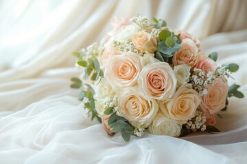 A beautiful bouquet of soft peach and white roses, delicately arranged with lush greenery and accents of baby's breath.