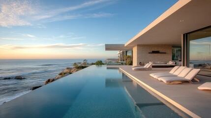 Fototapeta premium A luxury oceanfront home with an infinity pool that seamlessly blends with the surf, offering a stunning view of the ocean and horizon.
