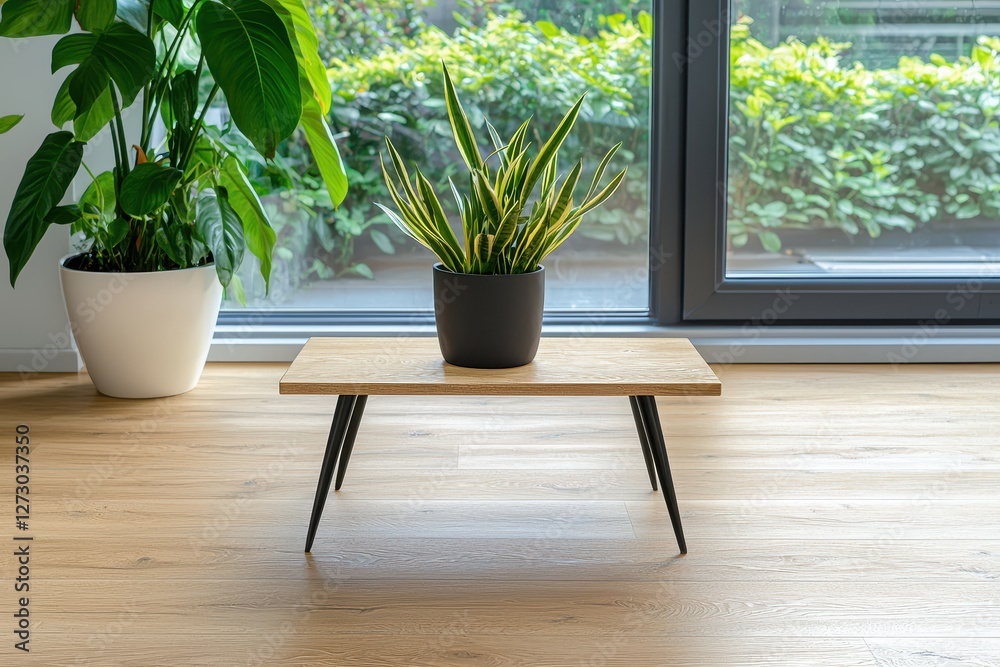 Poster serene interior featuring a snake plant in a black pot on a wooden table against a window backdrop c