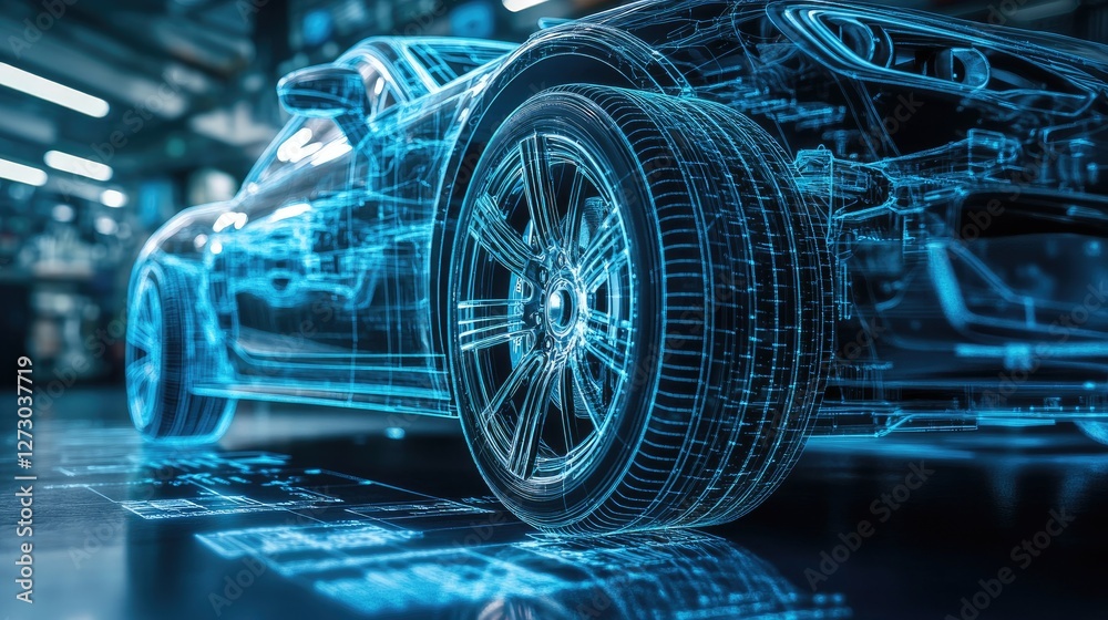 Poster a modern automotive blueprint with a holographic projection of a wireframe tire and other parts, sym