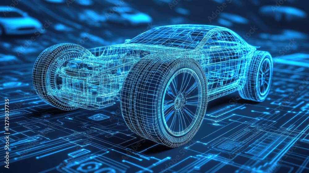 Poster a modern automotive blueprint with a holographic projection of a wireframe tire and other parts, sym