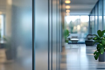 A tranquil office corridor with blurred glass partitions and lush green plants, creating a serene workplace atmosphere.