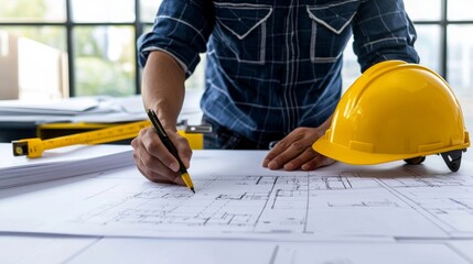 Architect working on construction plans with yellow hard hat and drafting tools in modern office space