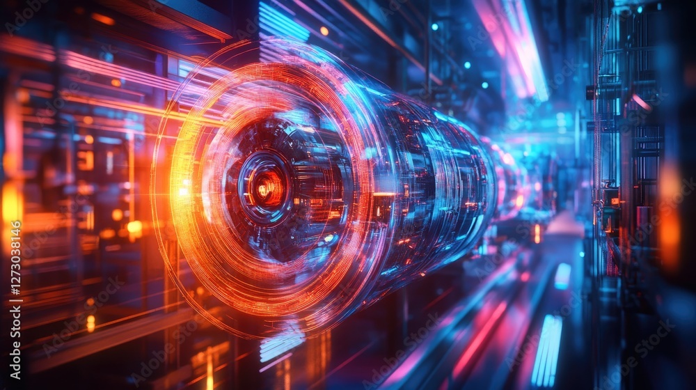 Poster A modern factory illuminated by vibrant holographic projections of a rotating engine, representing the latest advancements in technology and engineering.