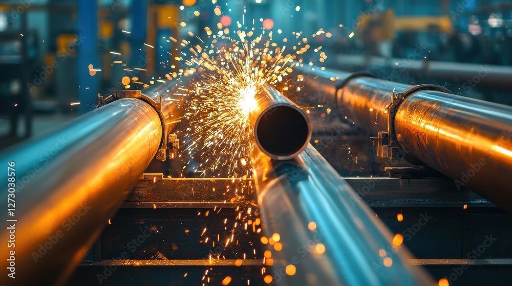 Poster industrial metalworking precision glowing sparks fly during pipe welding in a factory setting