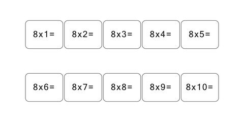 Multiplication and division table of 8. Maths card with an example, drawing. Multiplication Square, vector illustration. Printed products, banner, table for children, schoolchildren. School education.