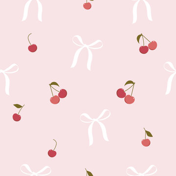 pink cherries , white bows and  seamless pattern , vector , illustration  