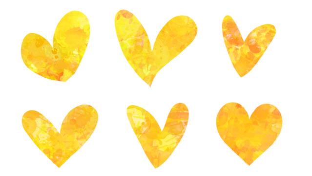 set of yellow hearts cutout isolated on white background, yellow color splash hearts PNG