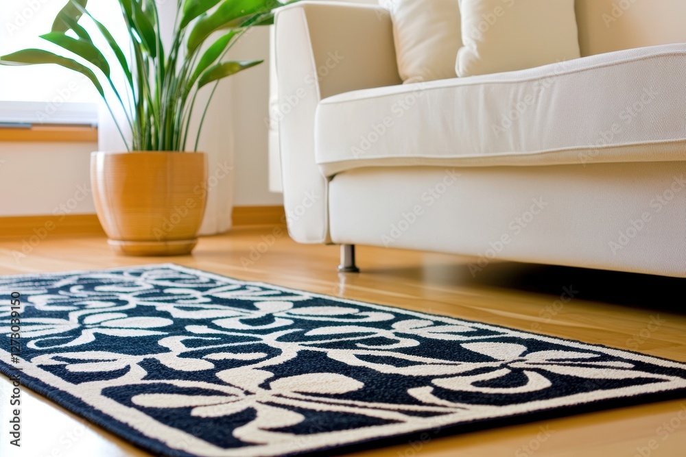 Poster serene interior featuring a stylish patterned rug a comfortable sofa and a vibrant potted plant crea