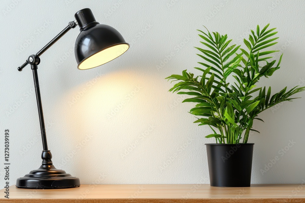 Poster elegant black desk lamp illuminating a cozy workspace with a vibrant green potted plant creating a s