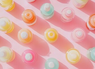 Flat Lay of Colorful Serums: Bottles and Jars for a Vibrant Skincare Display