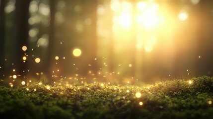A serene forest scene illuminated by sunlight, with sparkling particles dancing in the air, creating a magical and tranquil atmosphere.