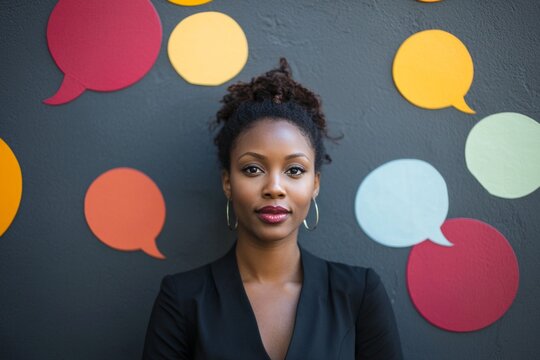 A portrait of an American African businesswoman in front of a grey wall, surrounded by speech bubbles in different colors, the concept of using digital communication tools 