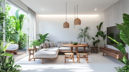 Fototapeta premium Tropical living room design, sunlight, patio view, interior decor, home staging