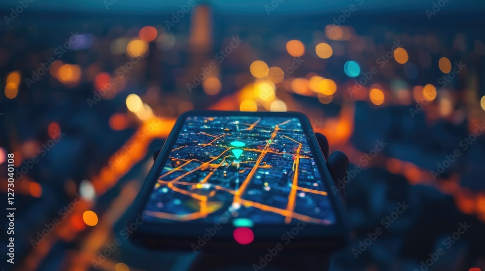 Poster a phone showing the gps location on a city map at night, with the urban skyline glowing in the backg