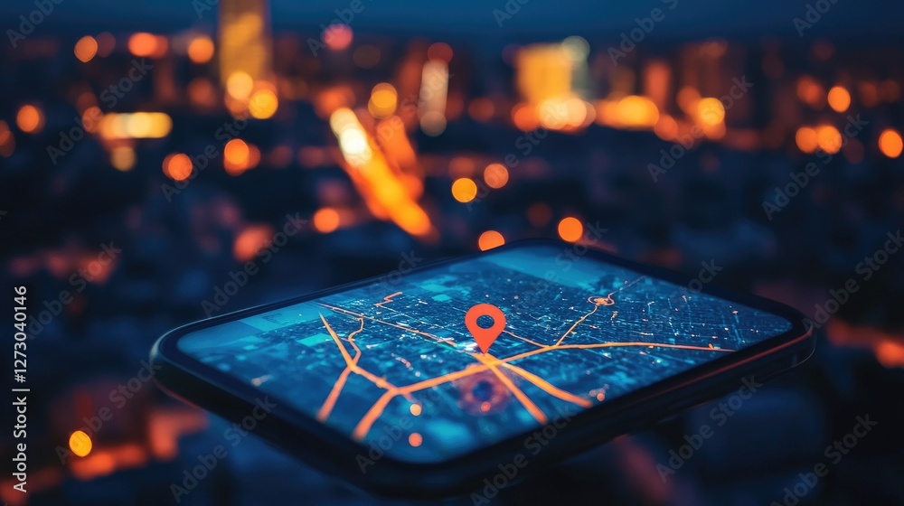 Poster a phone showing the gps location on a city map at night, with the urban skyline glowing in the backg