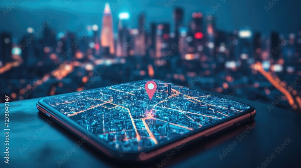 Poster a phone showing the gps location on a city map at night, with the urban skyline glowing in the backg