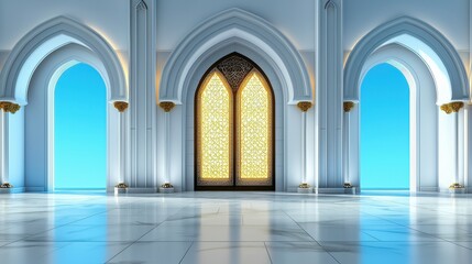 Fototapeta premium Interior showcases arched doorways with golden ornamentation and marble floor