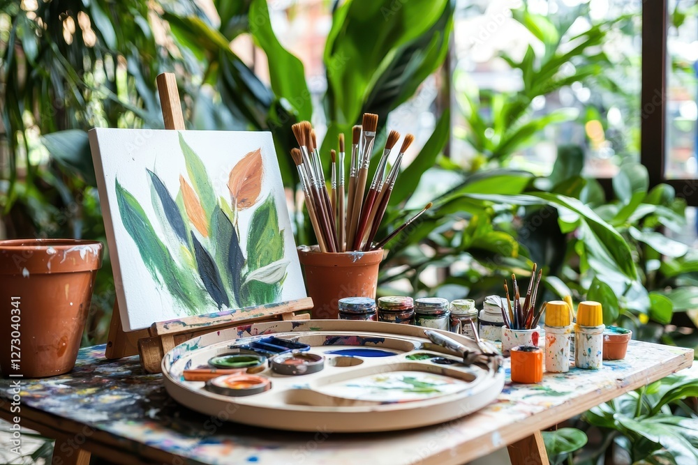 Poster artistic workspace with canvas painting of leaves brushes and paints in a bright studio environment 