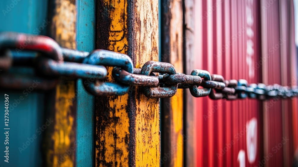 Poster A powerful visual of a chain blocking colorful cargo containers, symbolizing disruptions in global trade and the impact of economic sanctions and trade wars.