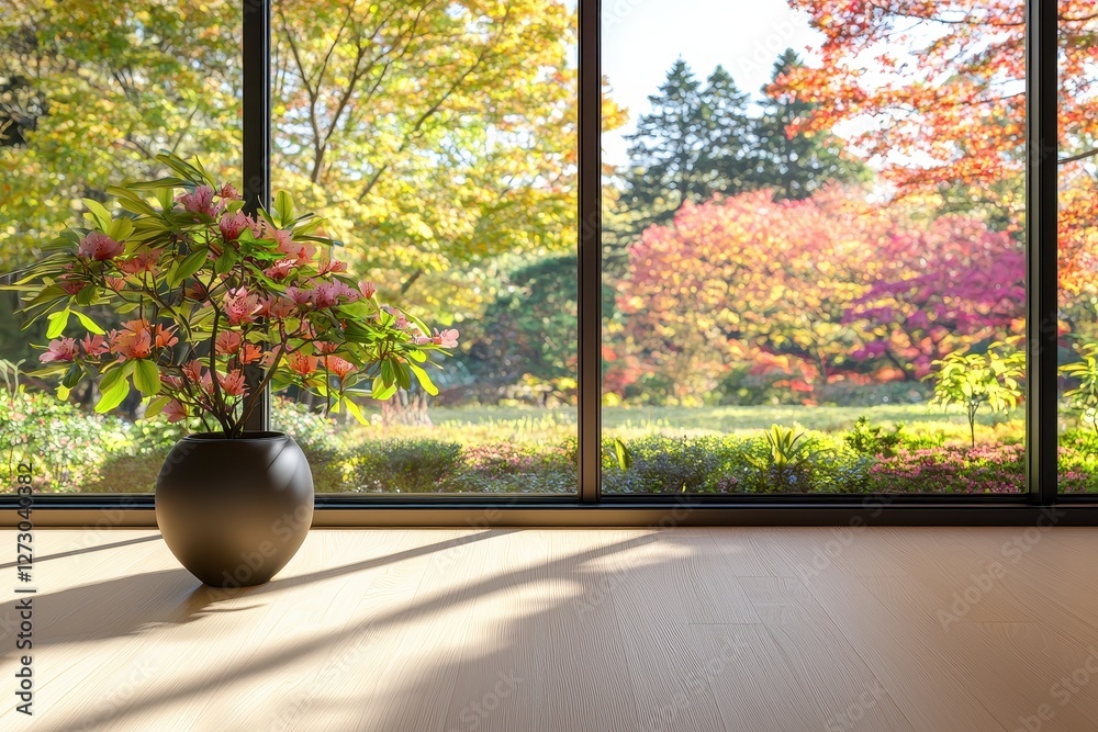 Aufkleber serene autumn garden view through window with blooming rhododendron in pot enhancing light wood floo