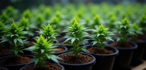Fototapeta premium Lush, vibrant cannabis plants in pots arranged in a greenhouse setting, ideal for showcasing sustainable agriculture and cultivation practices.