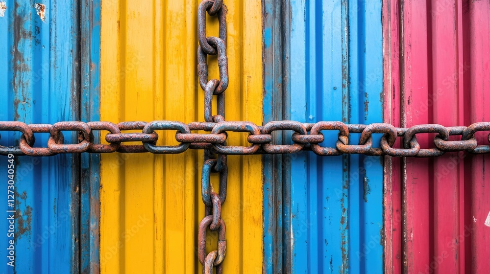 Poster a powerful visual of a chain blocking colorful cargo containers, symbolizing disruptions in global t