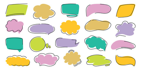 Cute speech bubble set in trendy doodle style. Handwritten Chat balloons for text, dialog icon, comic comments. Message in cloud frame, talk box. Isolated vector illustration on white background.