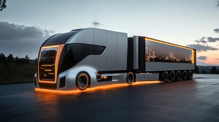 Naklejka premium Futuristic truck, highway sunset, city lights, mobile bar, advertisement