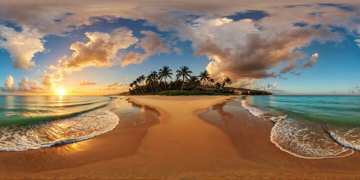 Full 360 degrees seamless spherical panorama HDRI equirectangular projection of tropical island beach. Texture environment map for lighting and reflection source rendering 3d scenes.