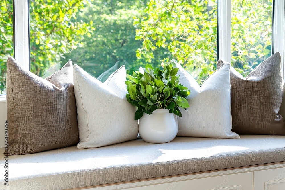 Aufkleber serene window seat adorned with soft pillows and a vase of fresh greenery invites relaxation and tra