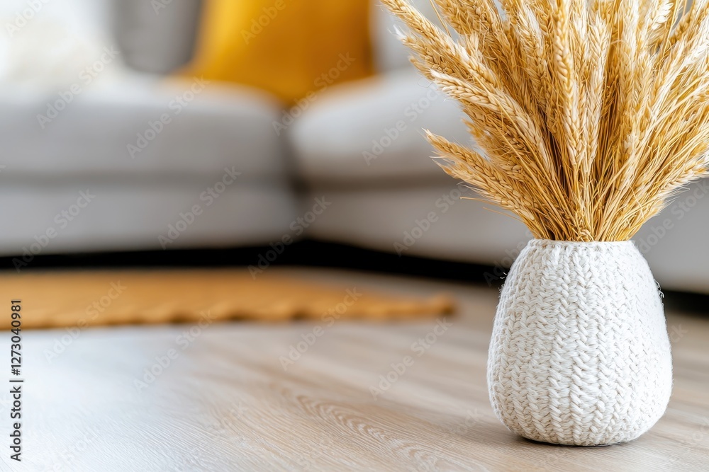 Aufkleber elegant wheat arrangement in a knitted vase on a wooden floor creating a cozy and inviting interior 