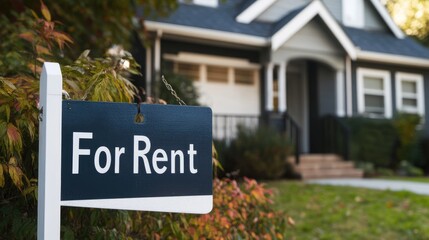 A residential "For Rent" sign outside a modern home, with a pristine exterior and a welcoming entrance in a peaceful neighborhood.