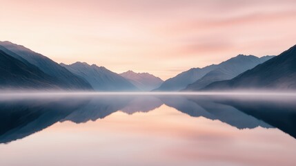 Fototapeta premium A serene landscape featuring misty mountains reflected in calm water during a pastel-colored sunrise.