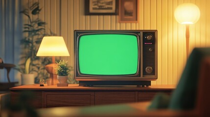 A retro-style room with a vintage television showing a green screen, framed by wooden furniture and warm lighting, creating a nostalgic atmosphere.