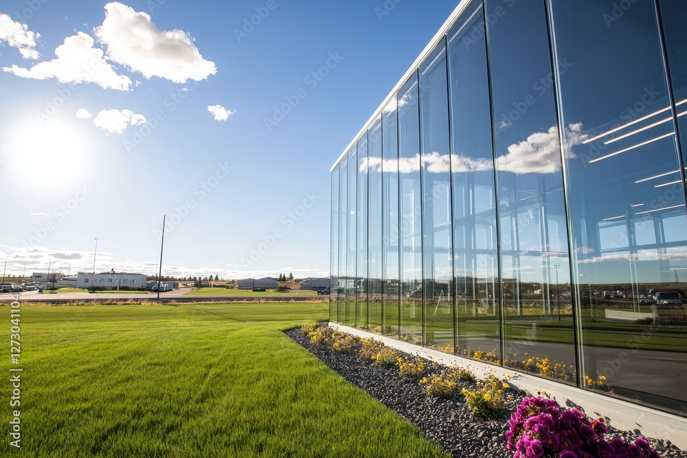 Aufkleber modern architecture reflecting blue sky and clouds on a sunny day with green grass and vibrant flowe