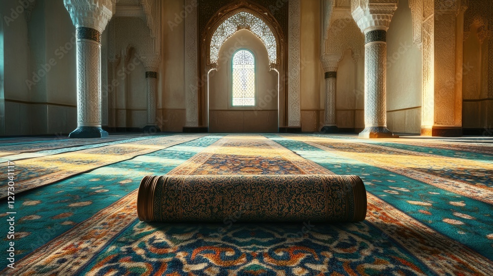 Poster a rolled prayer rug lying on a patterned carpet inside a mosque, capturing the tranquility and spiri